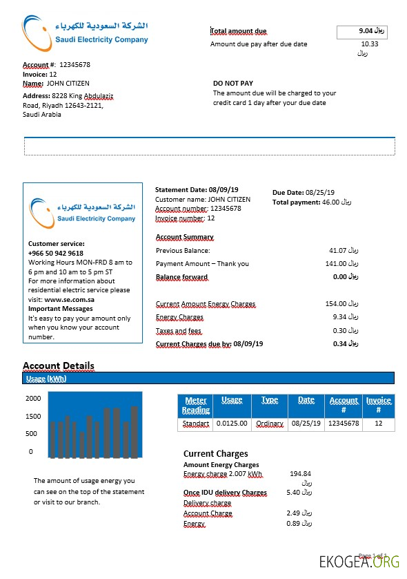 Saudi Arabia Saudi Electricity Company electricity bill in Word format